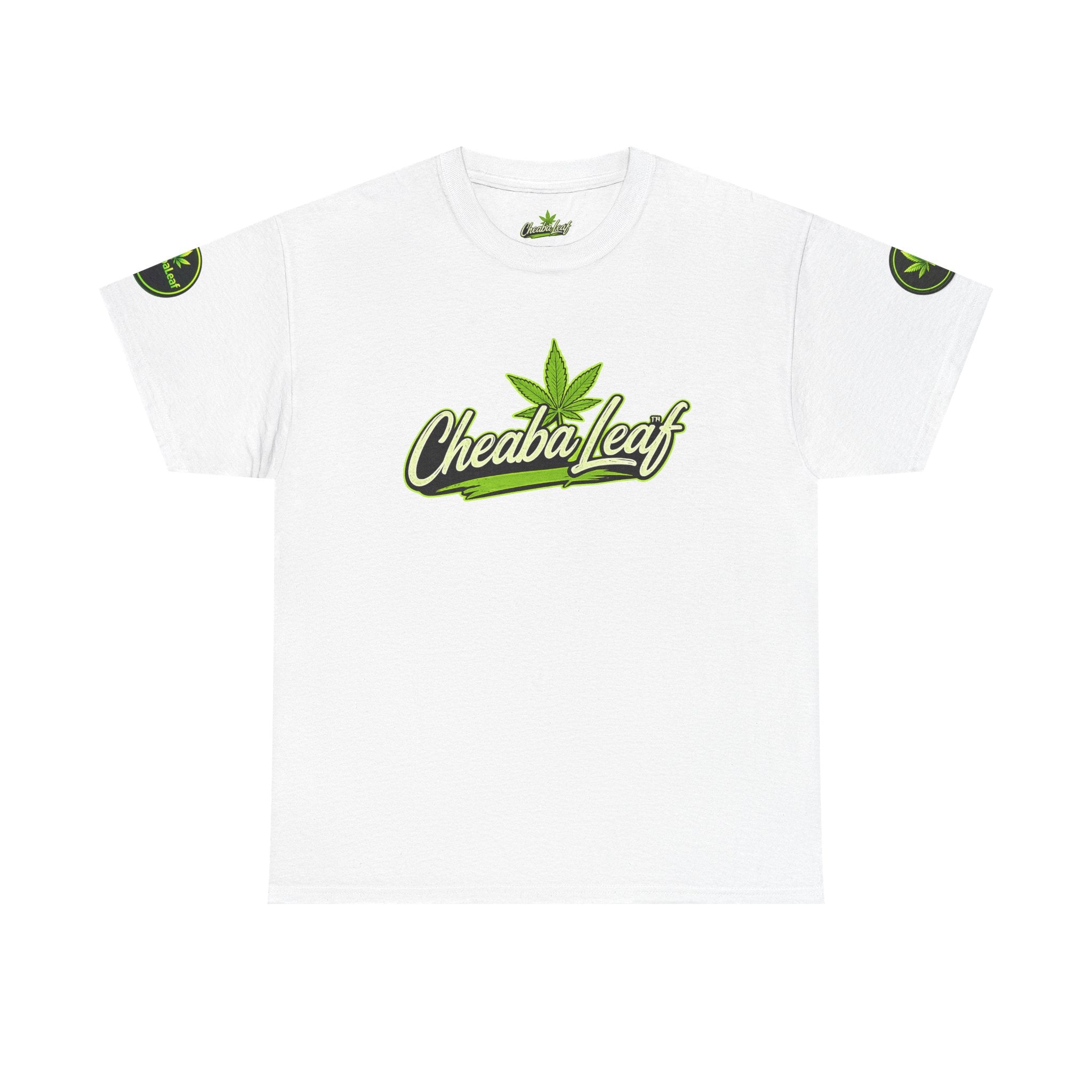 Cheaba Leaf  Graphic Tee — Retro Cannabis Script Logo Front T‑Shirt