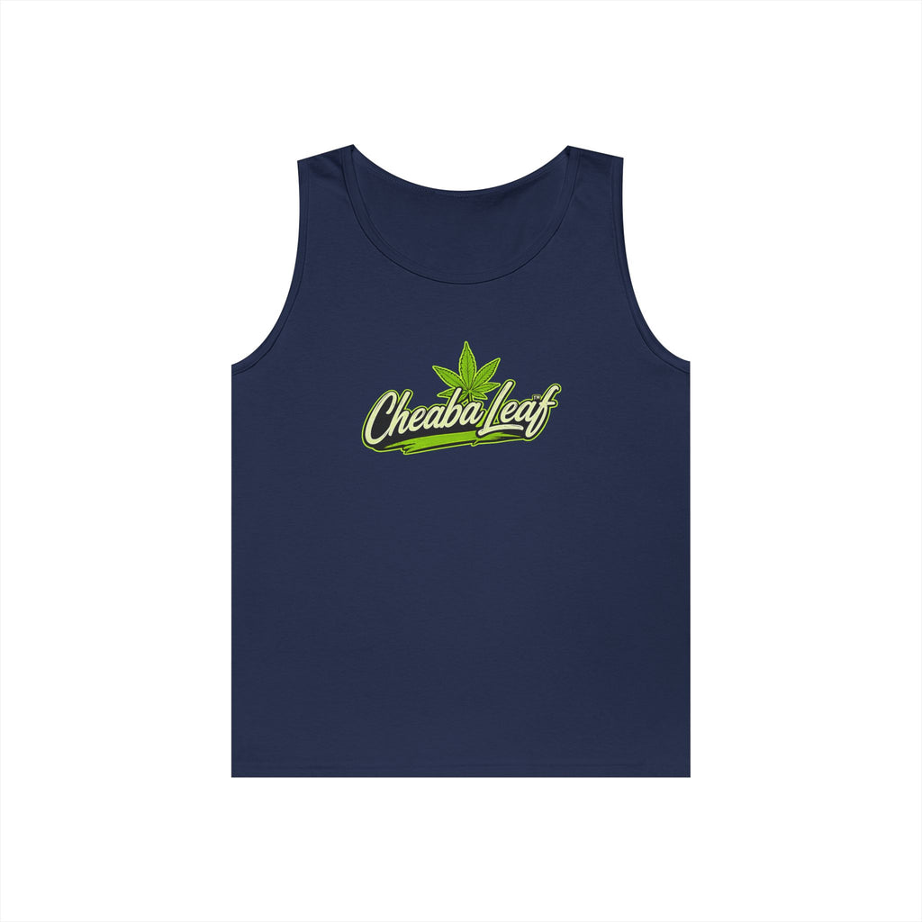 Cheaba Leaf Script Logo Tank Top — Cannabis Leaf Graphic Sleeveless Tee