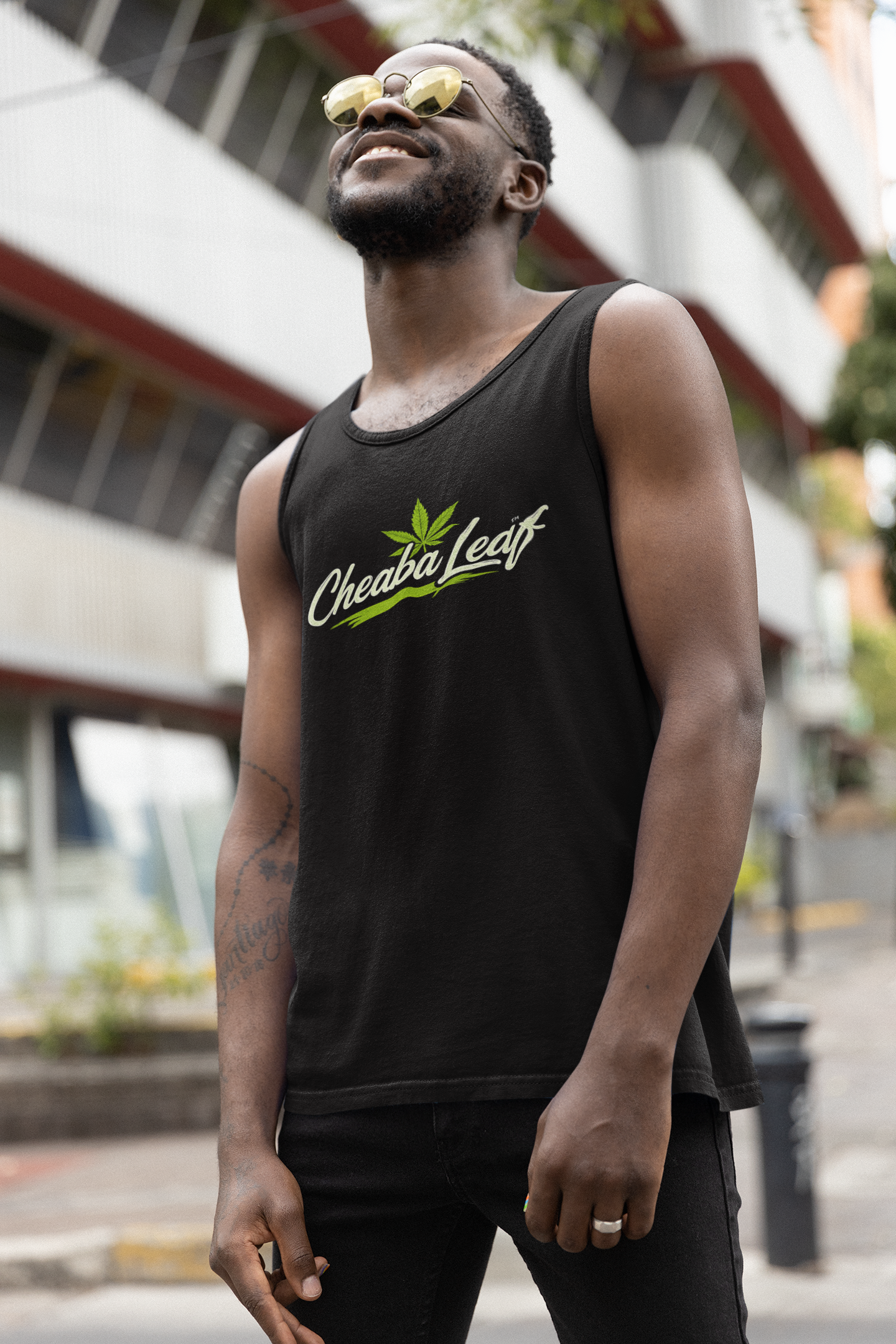 Cheaba Leaf Script Logo Tank Top — Cannabis Leaf Graphic Sleeveless Tee