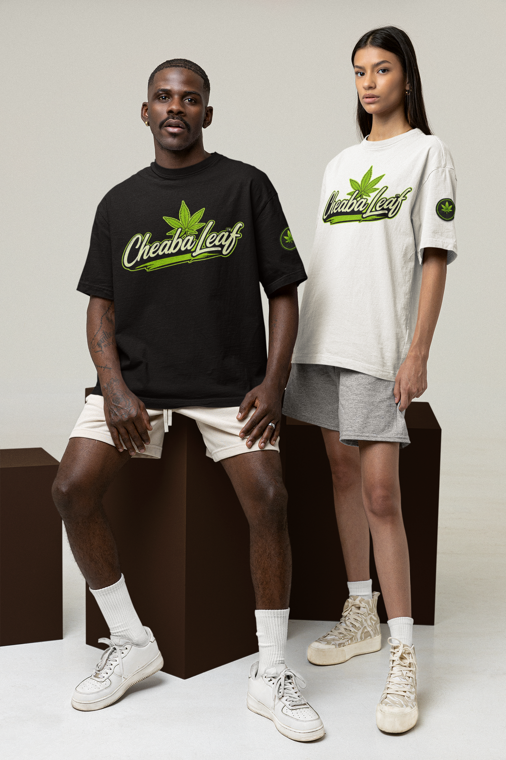 Cheaba Leaf  Graphic Tee — Retro Cannabis Script Logo Front T‑Shirt