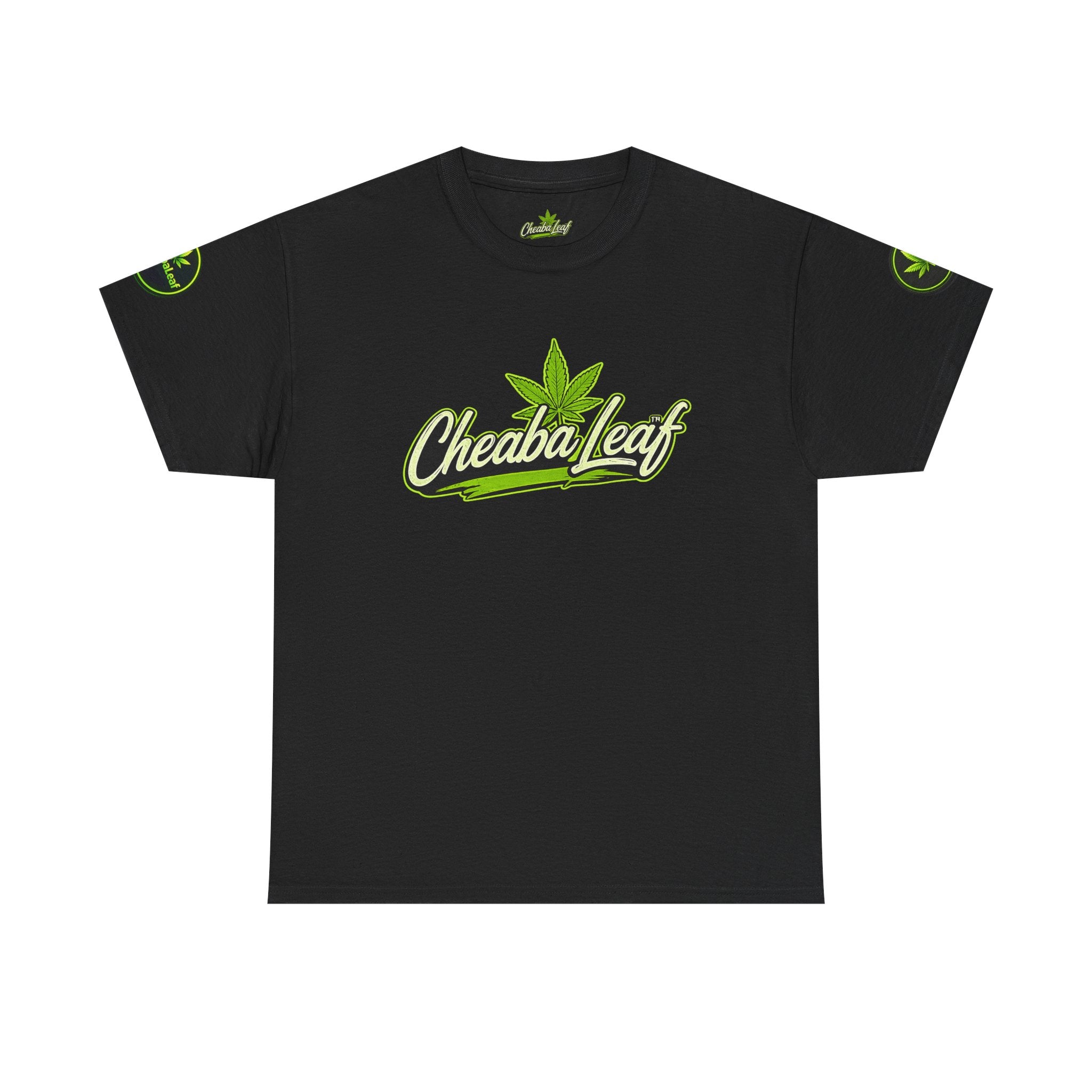 Cheaba Leaf  Graphic Tee — Retro Cannabis Script Logo Front T‑Shirt
