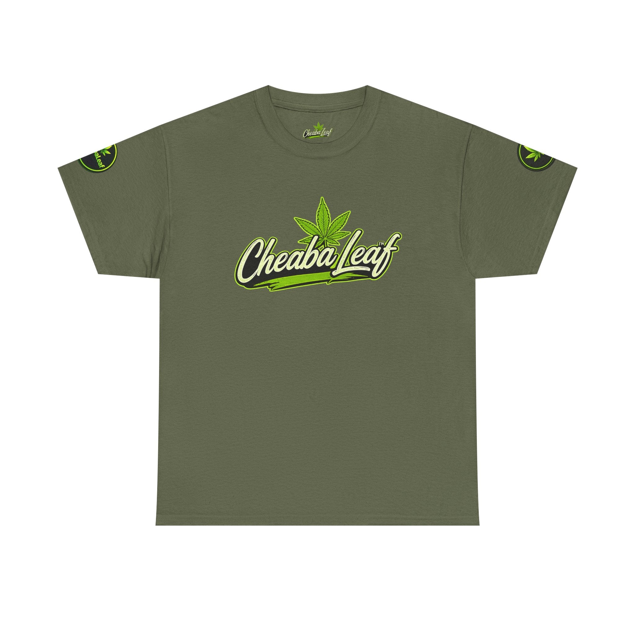 Cheaba Leaf  Graphic Tee — Retro Cannabis Script Logo Front T‑Shirt