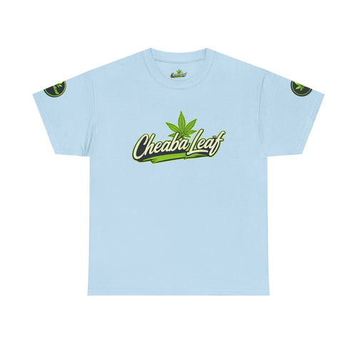Cheaba Leaf  Graphic Tee — Retro Cannabis Script Logo Front T‑Shirt