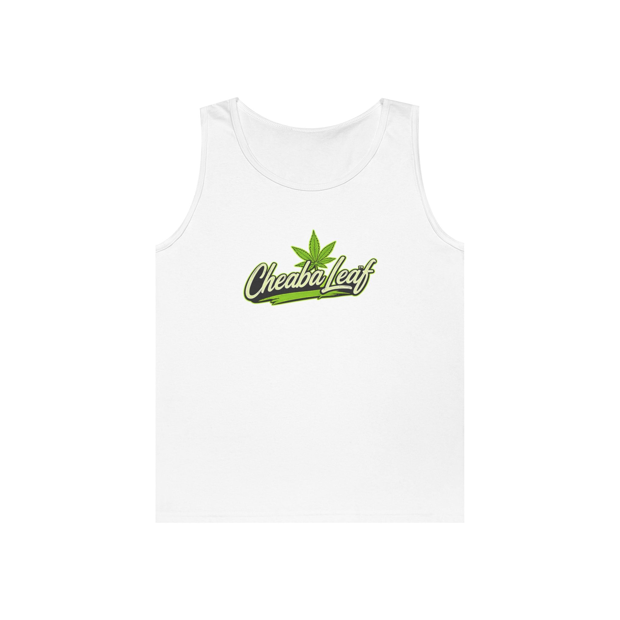 Cheaba Leaf Script Logo Tank Top — Cannabis Leaf Graphic Sleeveless Tee
